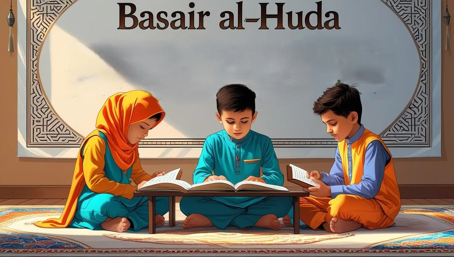 a picture of muslim children learning the holy quran with an islamic background written in english behind them... the word basair al huda (1)