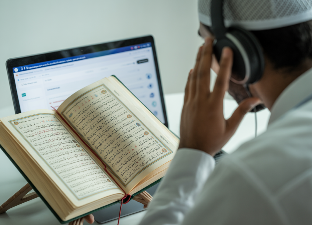 ideogram v3.0 professional stock photo of quran learning and tajweed practice online. open qur 0