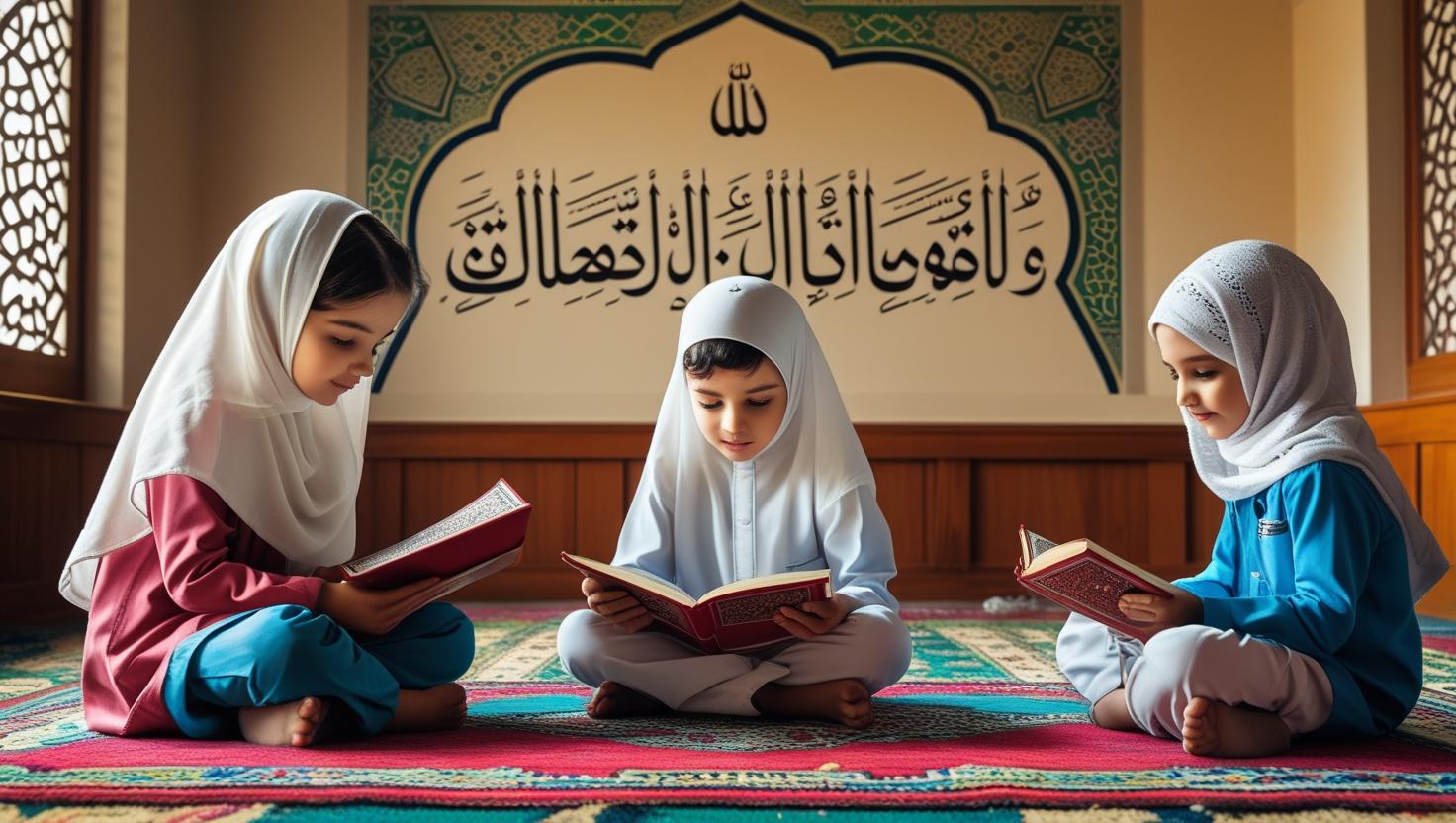 a picture of muslim children learning the holy quran with an islamic background written in english behind them... the word basair al huda (2)